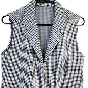 Vintage 70s Vest Jacket Women Medium 8 10 White Blue Top Collar Gingham Retro M